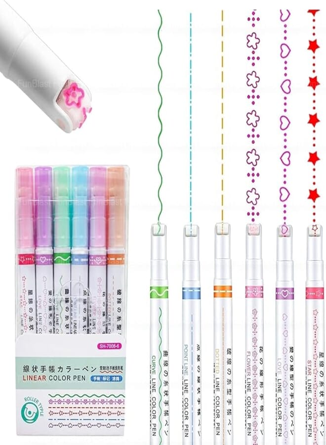 HOTFIX Linear Color Pen Highlighter Pen Set Line Markers Colors For Adults&Kids | Roller Line Marker School Stationery Kit | For Drawing & Scrapbooking | 6 Design & 6 Colors Pack of 6